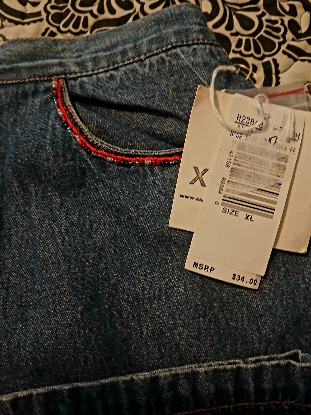 Denim Jeans Retroa with Red Beaded Trim Pocket Detail